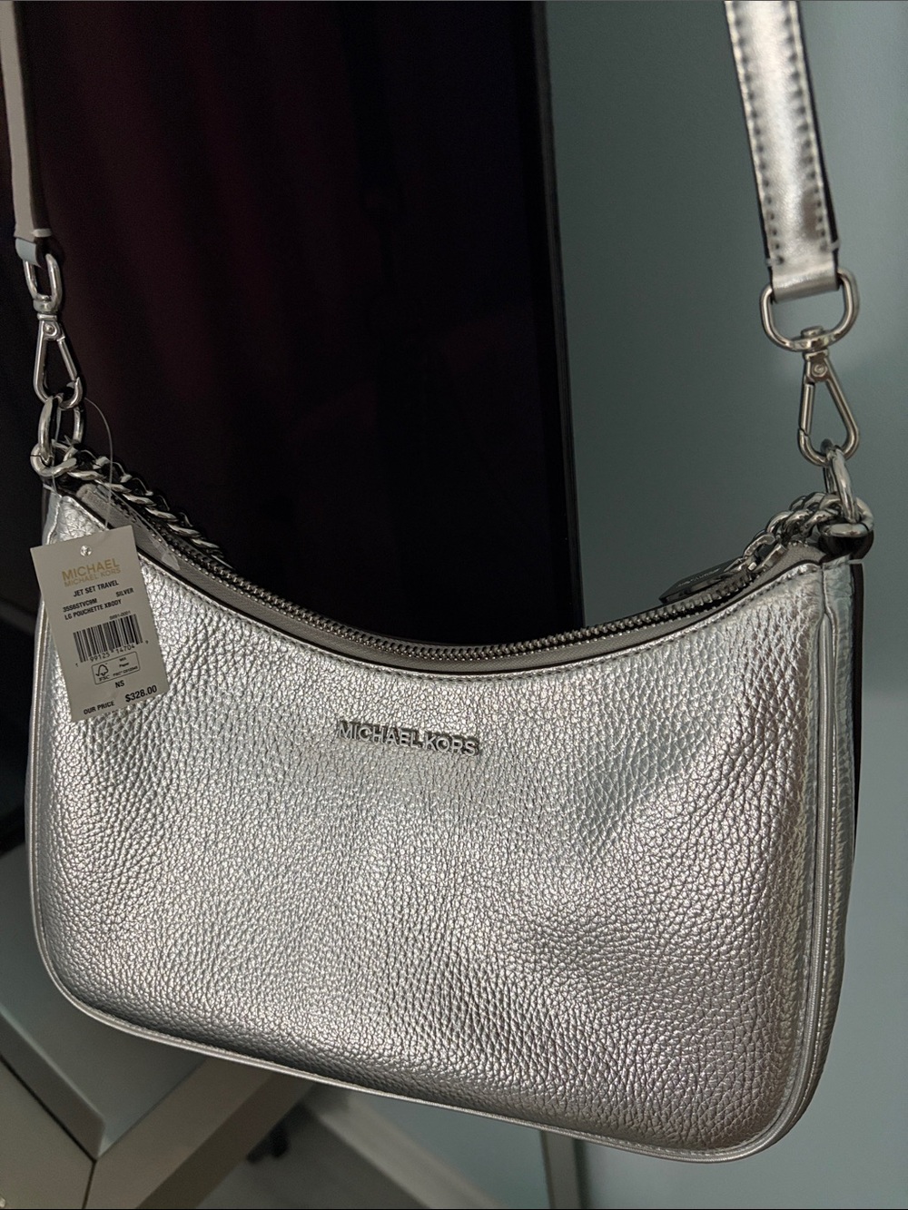 Michael Kors Metallic Silver Pebbled Leather Crossbody Bag